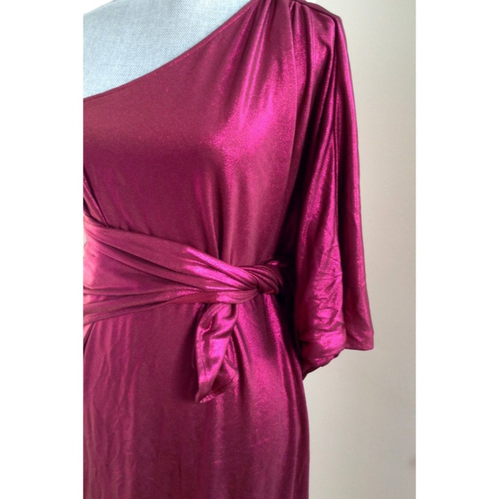 NWT $525 Halston Heritage One Shoulder Wrap Bordeaux Pink 70's Lamé Dress Sz 2 8 - Picture 6 of 14